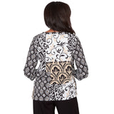 Alfred Dunner Geometric Scroll Patchwork Split Neck Top- Petite