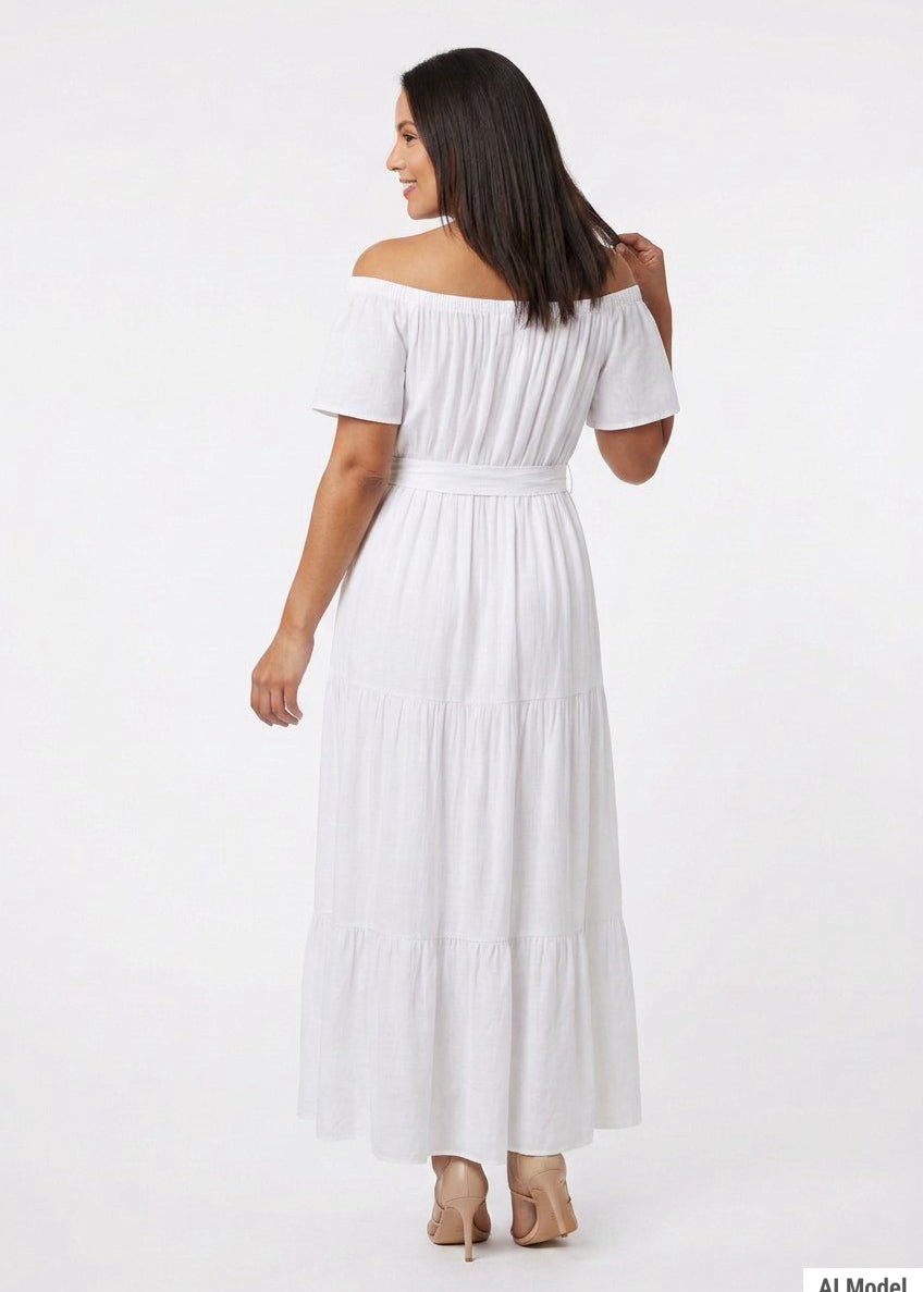 White off-the-shoulder tiered maxi dress with short sleeves and tie belt; dark-haired woman shown from behind, back view.