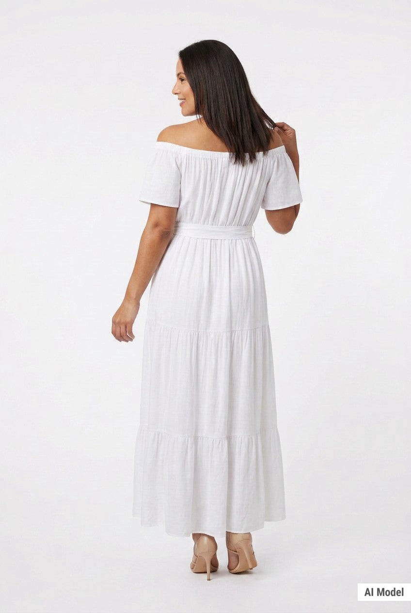 White off-the-shoulder tiered maxi dress with short sleeves and tie belt; dark-haired woman shown from behind, back view.
