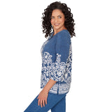 Alfred Dunner Floral Border Embroidered Split Neck Top