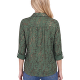 NY Collection Petite 3/4 Sleeve Roll Tab Foil Print Blouse