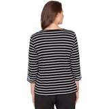 Alfred Dunner Pinstripe Embroidered Sleeve Top with Necklace- Petite