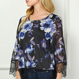 3/4 Flare Lace Trim Sleeve Scoop Neck Peekaboo Lace Trim Lining Mix Media Blouse