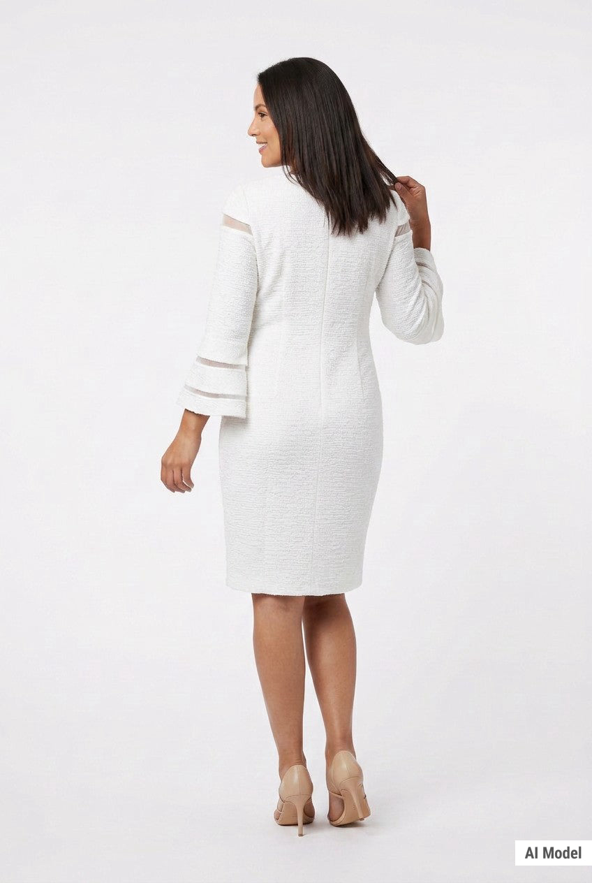 White textured sheath dress with bell sleeves and sheer stripe details, back view, worn by a dark-haired woman with nude