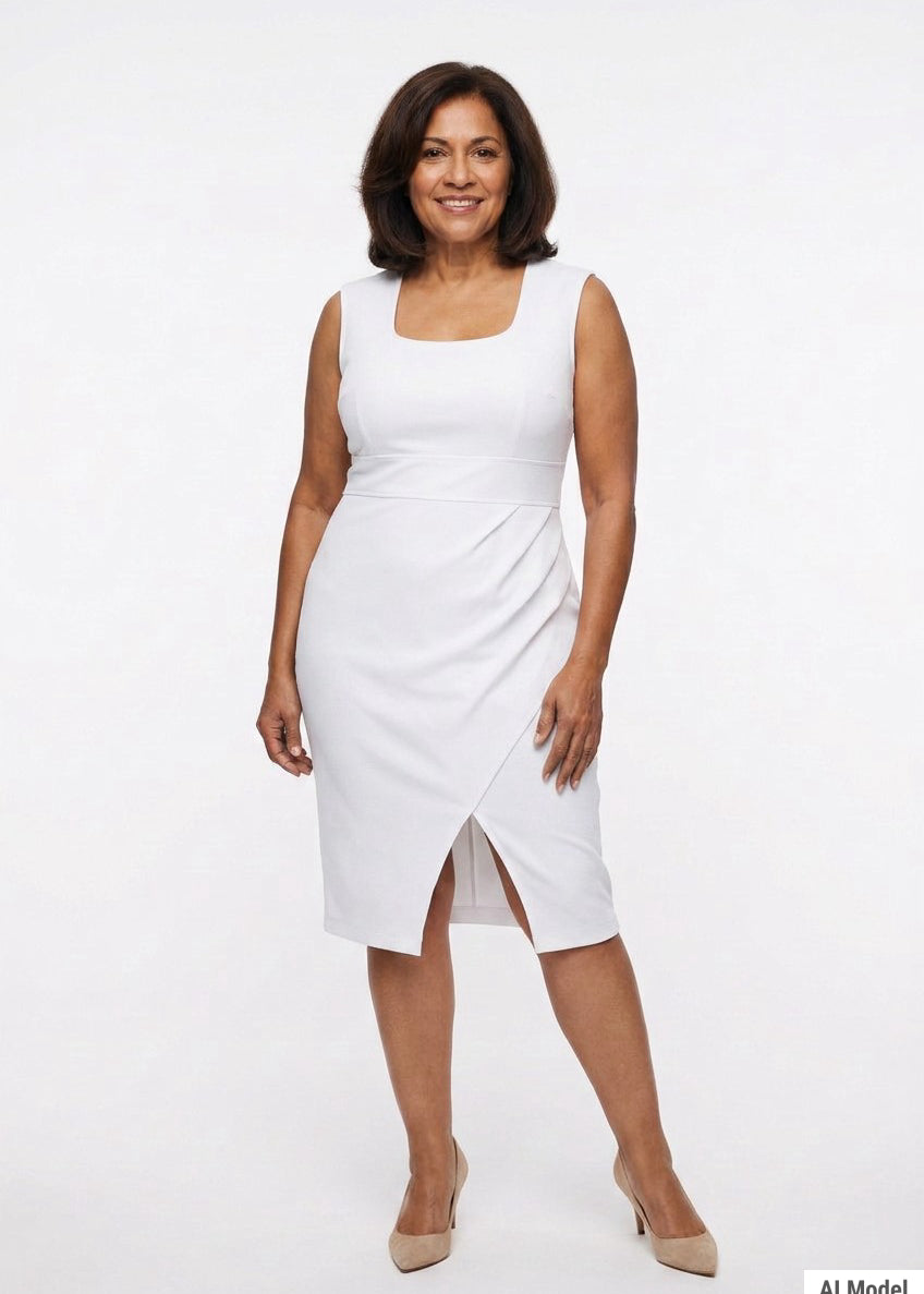 Plus-size model wears white sleeveless square-neck sheath dress with waist band, faux-wrap pleating, and front slit; full