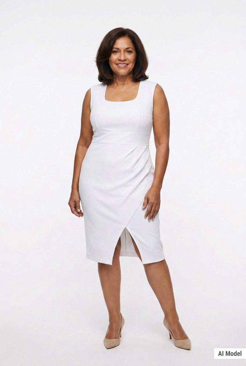 Plus-size model wears white sleeveless square-neck sheath dress with waist band, faux-wrap pleating, and front slit; full