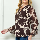 3/4 Ruffle Tie Sleeve Button Front Placket Mandarin Collar Mix Media Popover Blouse