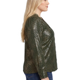 NY Collection Plus Size Long Sleeve V Neck Blouse With Metallic Print