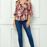 3/4 Ruffle Sleeve V-Neck Cascade Ruffle Front Mix Media Blouse