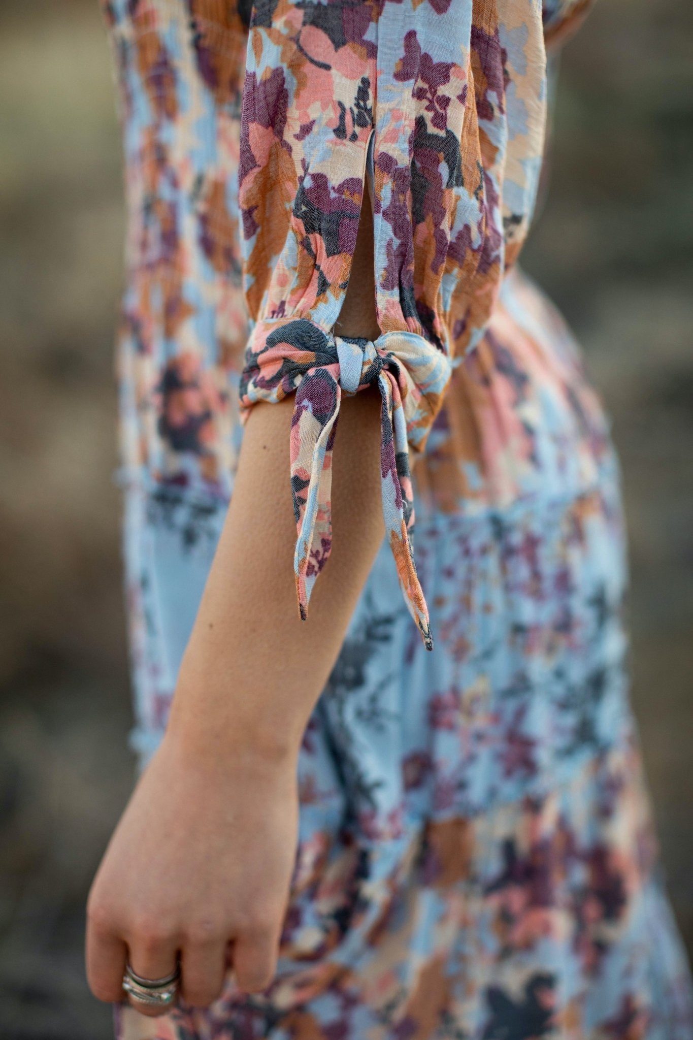 Alexa Blue Bouquet Midi Peasant Dress - DressbarnClothing