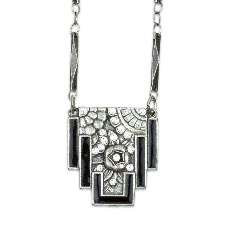 Art Deco Black Enamel & Crystal Pendant Necklace - DressbarnNecklaces