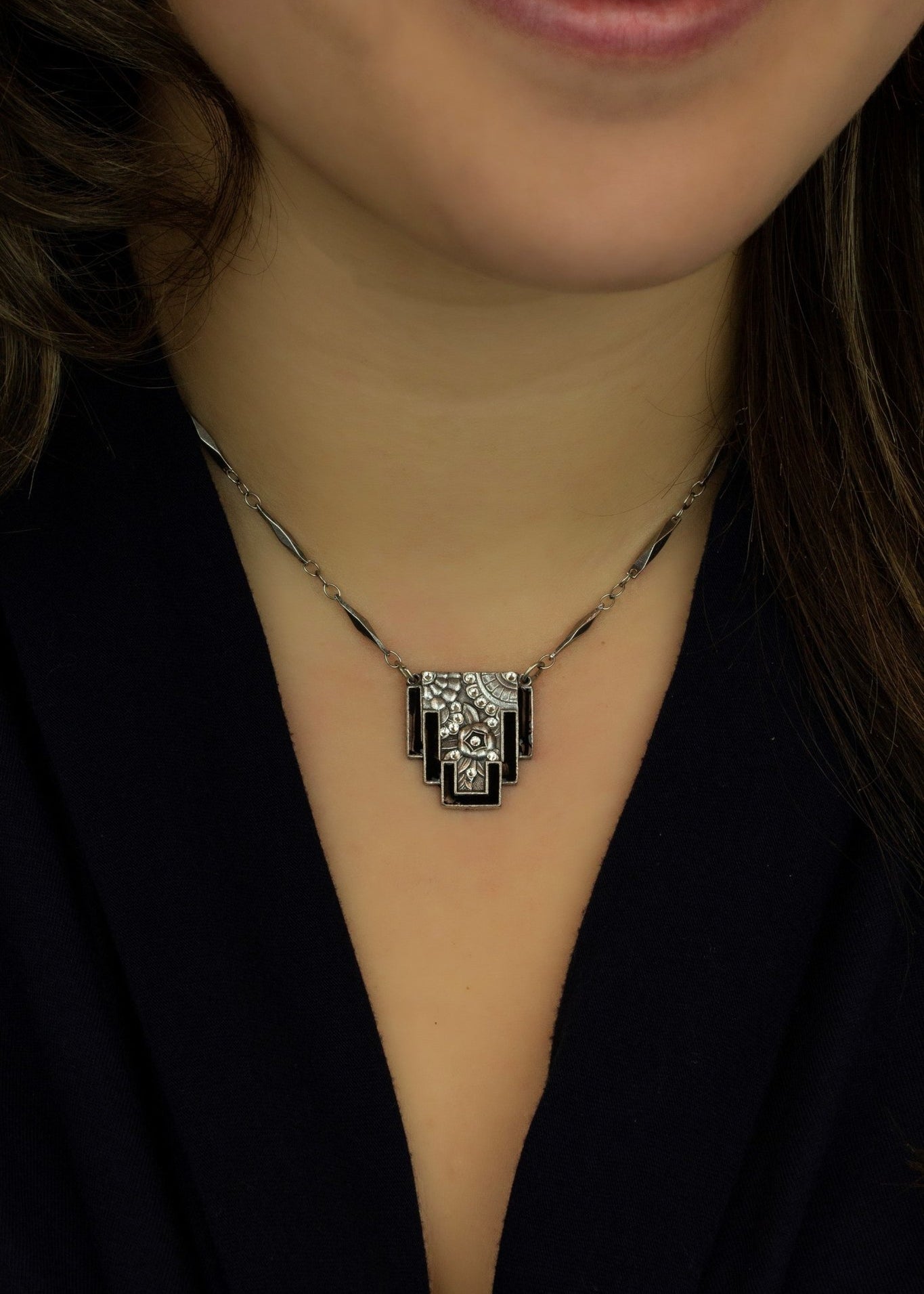 Art Deco Black Enamel & Crystal Pendant Necklace - DressbarnNecklaces