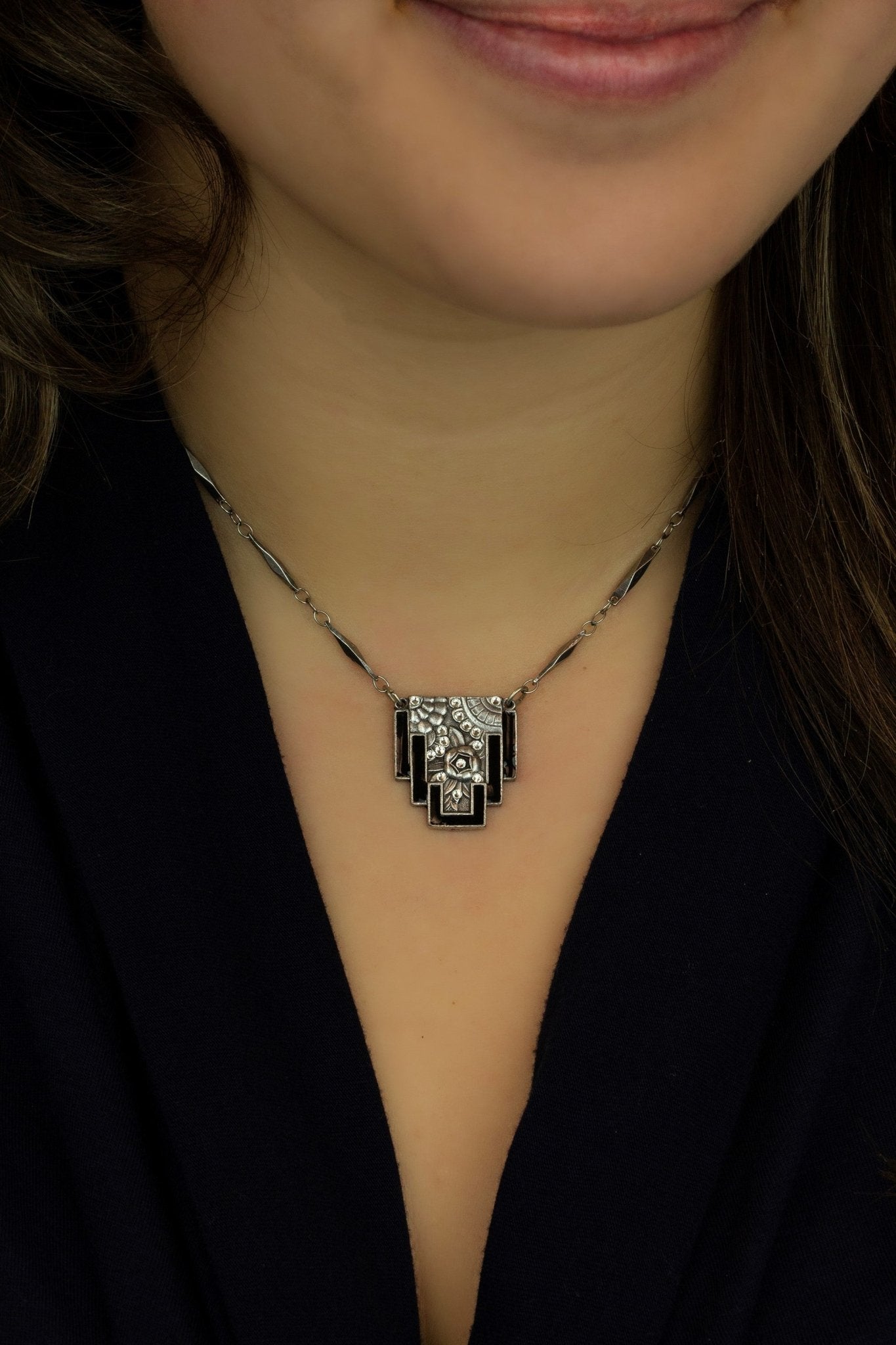 Art Deco Black Enamel & Crystal Pendant Necklace - DressbarnNecklaces