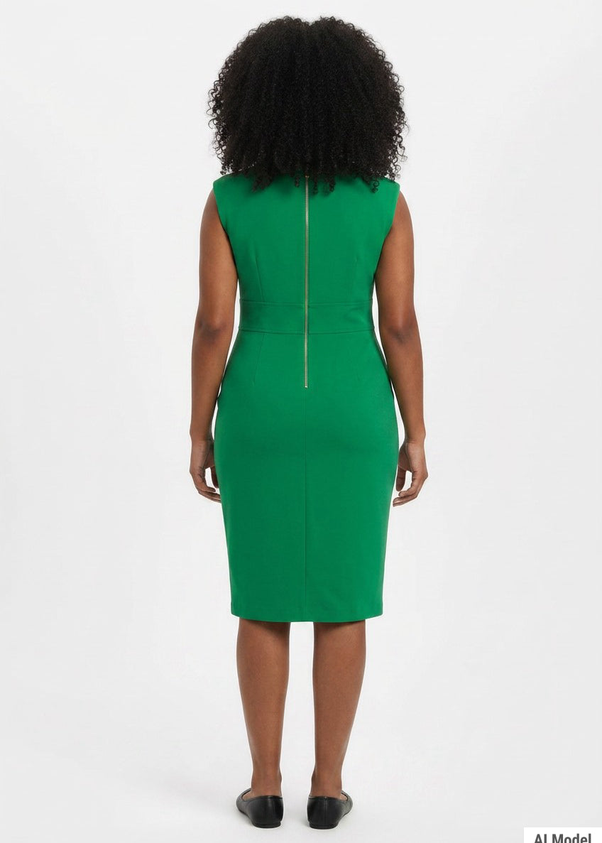 Back view of a Black woman with curly hair wearing an emerald green sleeveless sheath dress with a center back zipper,