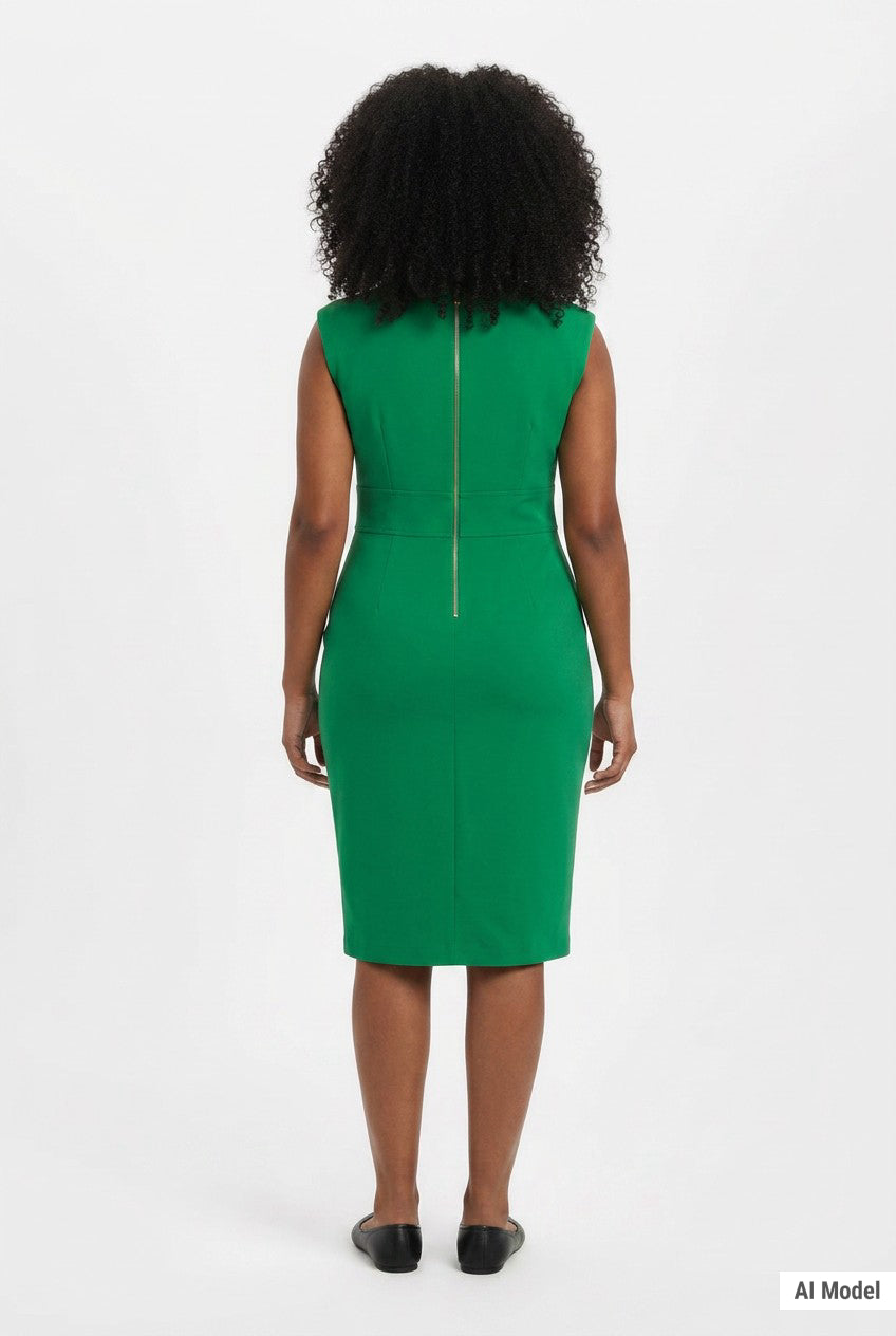Back view of a Black woman with curly hair wearing an emerald green sleeveless sheath dress with a center back zipper,