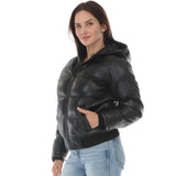 Women's Hooded Faux Leather Puffer Jacket