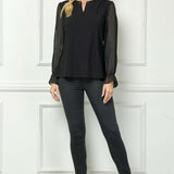 Long Ruffle Sleeve Cutout Removable Trim Fromt Boat Neck Mix Media Blouse