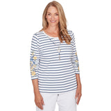 Alfred Dunner Floral Embroidered Stripe Top with Necklace