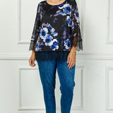 3/4 Flare Lace Trim Sleeve Scoop Neck Peekaboo Lace Trim Lining Mix Media Blouse - Plus