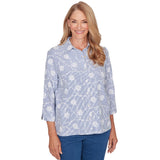 Alfred Dunner Puff Print Pinstripe Embroidered Button Down Top
