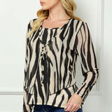 Long Sleeve Scoop Neck Attached Tie Shrug Front Mix Media Blouse