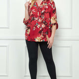 3/4 Button Tab Sleeve Mandarin Collar Button Front Placket Hi-Low Popover Blouse - Plus