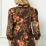 3/4 Band Sleeve V-Neck Mix Media Blouse with Scarf