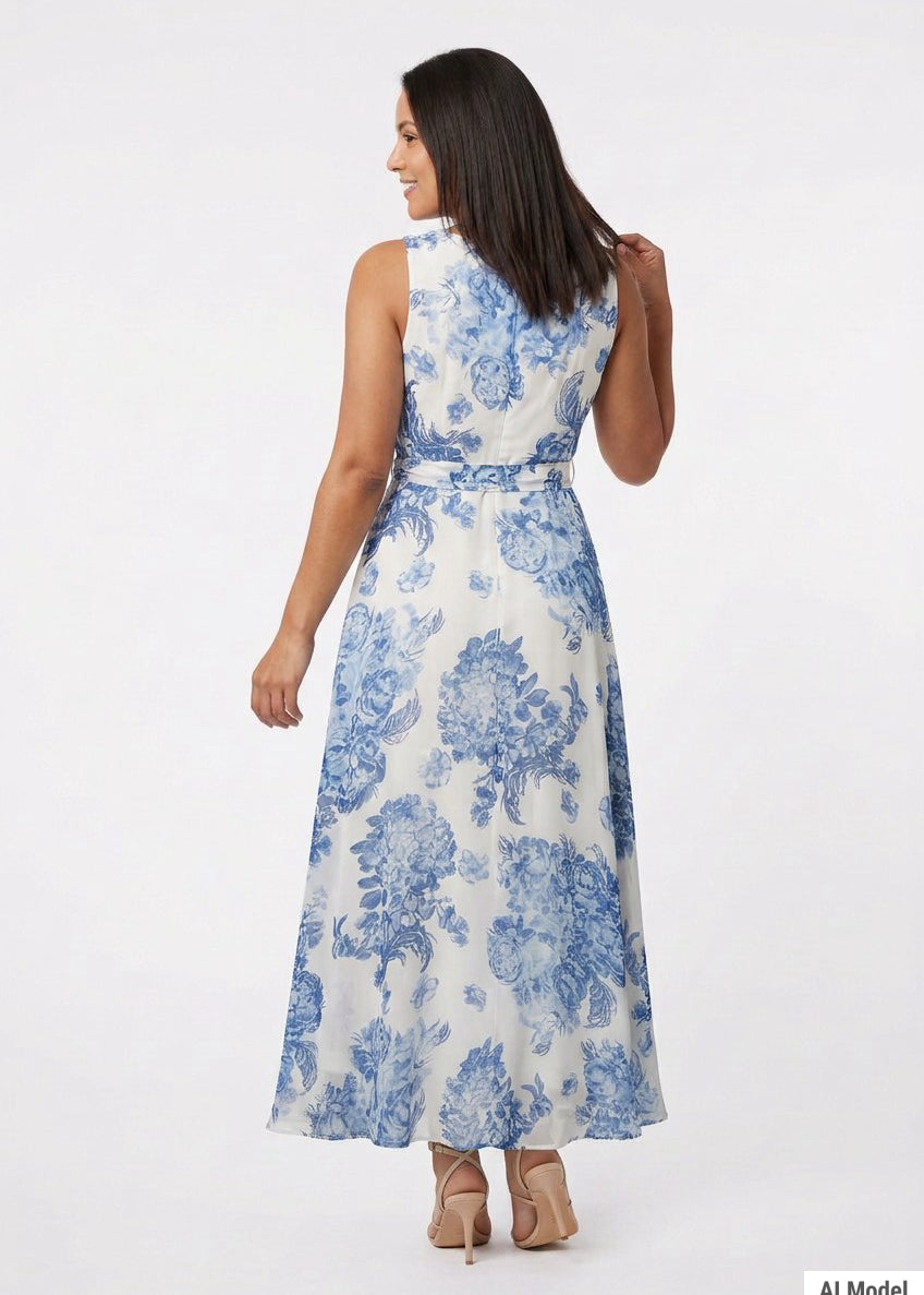 White chiffon sleeveless maxi dress with bold blue toile floral print and self-belt, shown from the back on a dark-haired