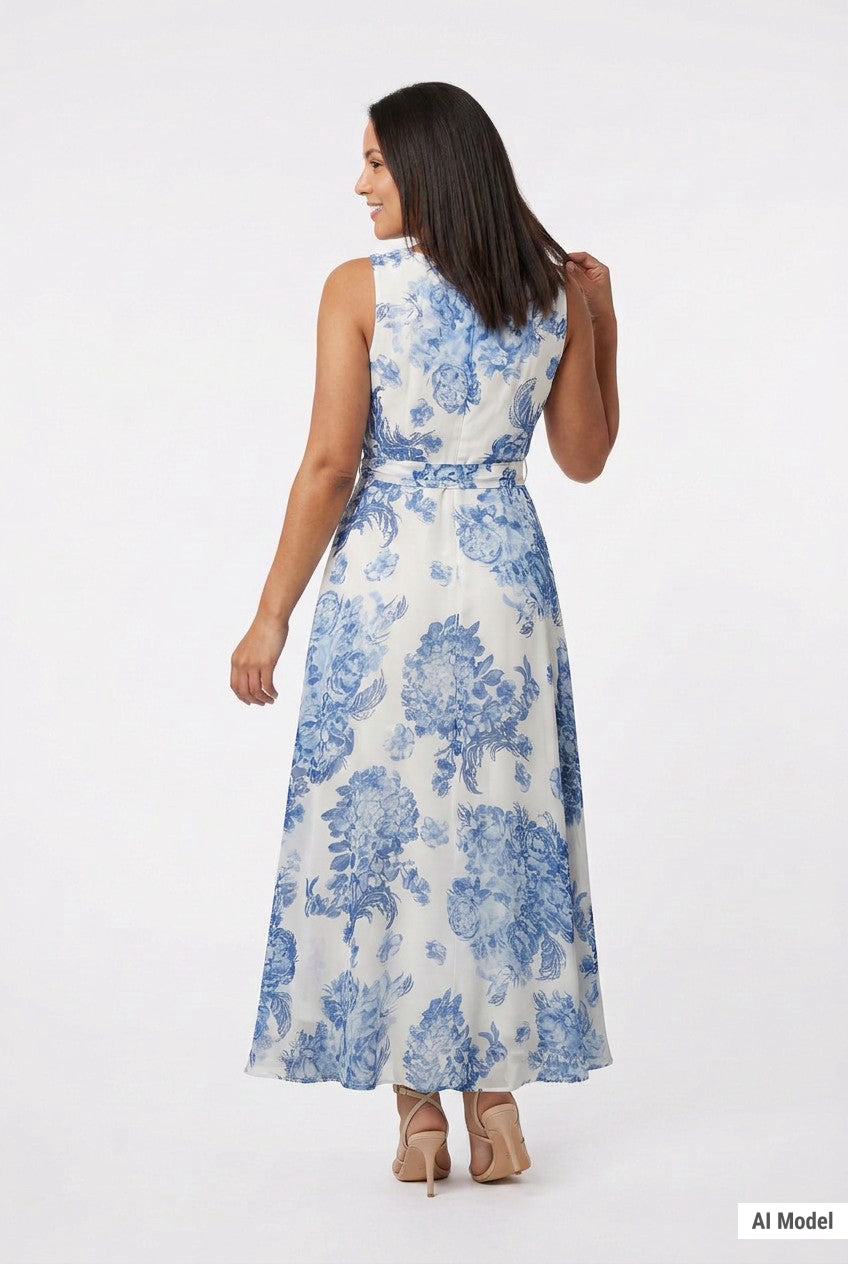 White chiffon sleeveless maxi dress with bold blue toile floral print and self-belt, shown from the back on a dark-haired