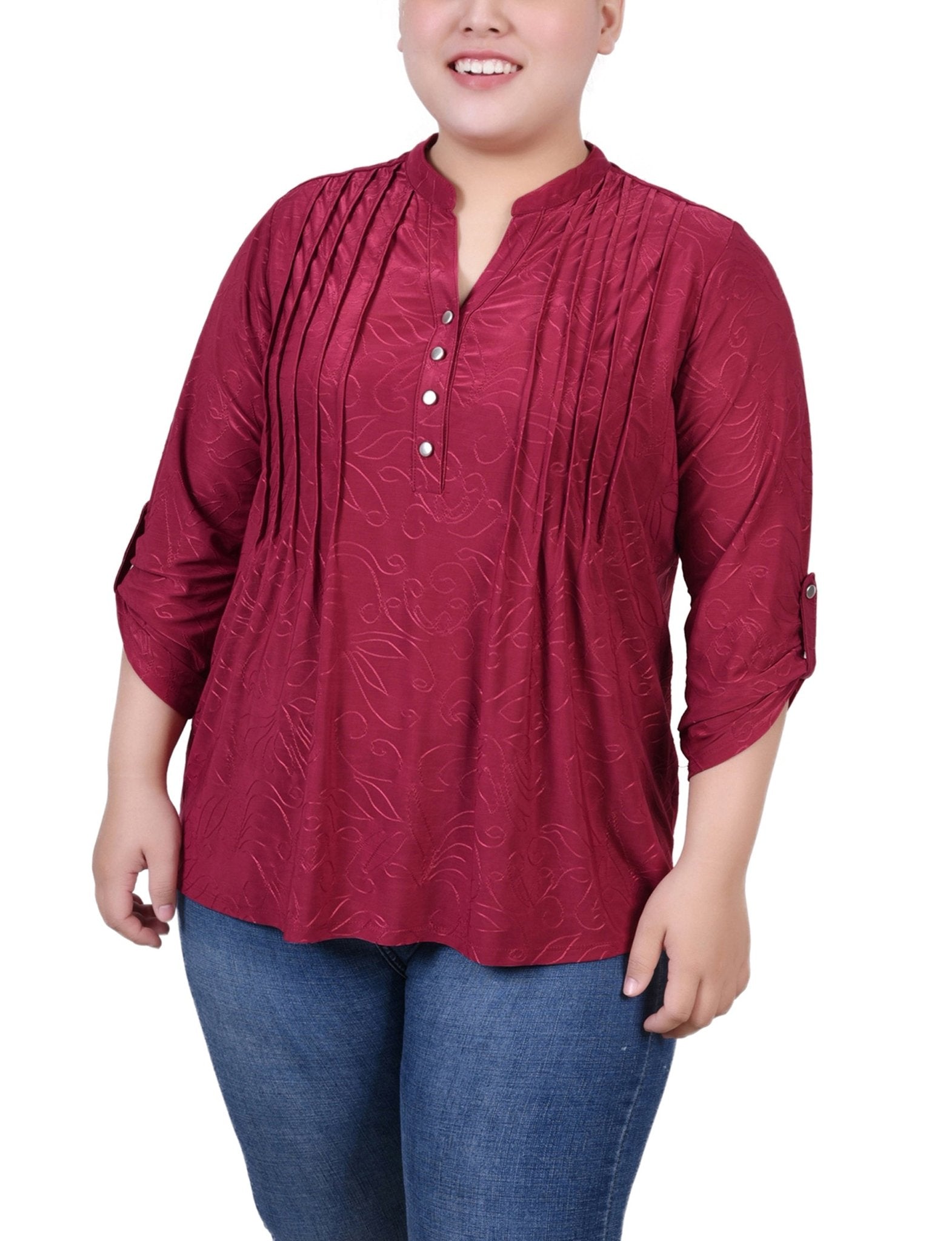 Beet Red 3/4 Roll Tab Pullover Top - Plus - DressbarnBlouses