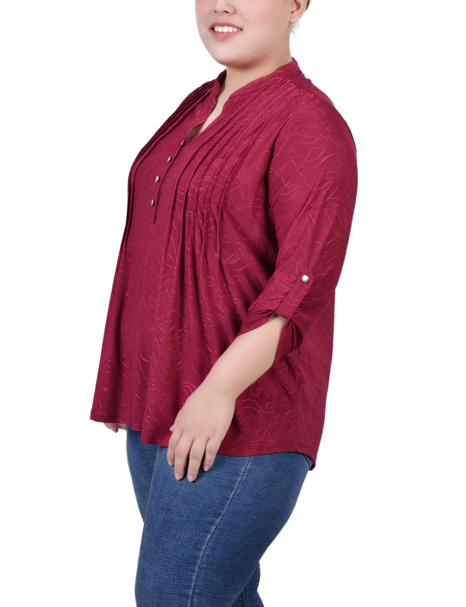 Beet Red 3/4 Roll Tab Pullover Top - Plus - DressbarnBlouses