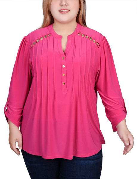 Beetroot Purple Pintuck Front Top With Chain Details - Plus