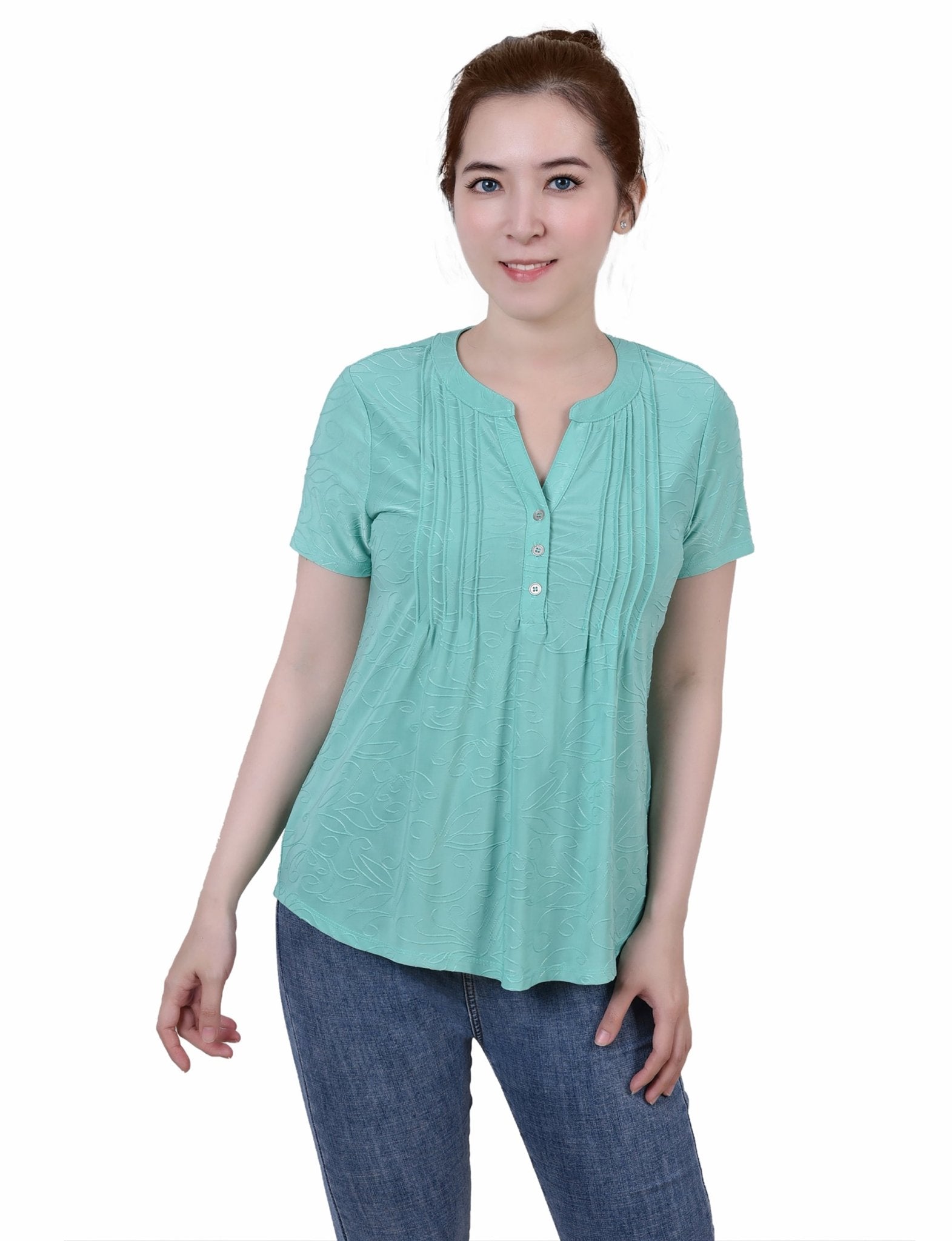 Bermuda Short Sleeve Y Neck Jacquard Knit Top - Petite - DressbarnBlouses