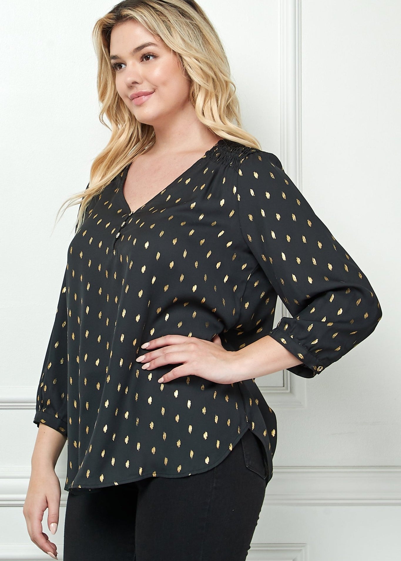 Black 3/4 Button Cuff Sleeve V Neck Popover - Plus - DressbarnShirts & Blouses