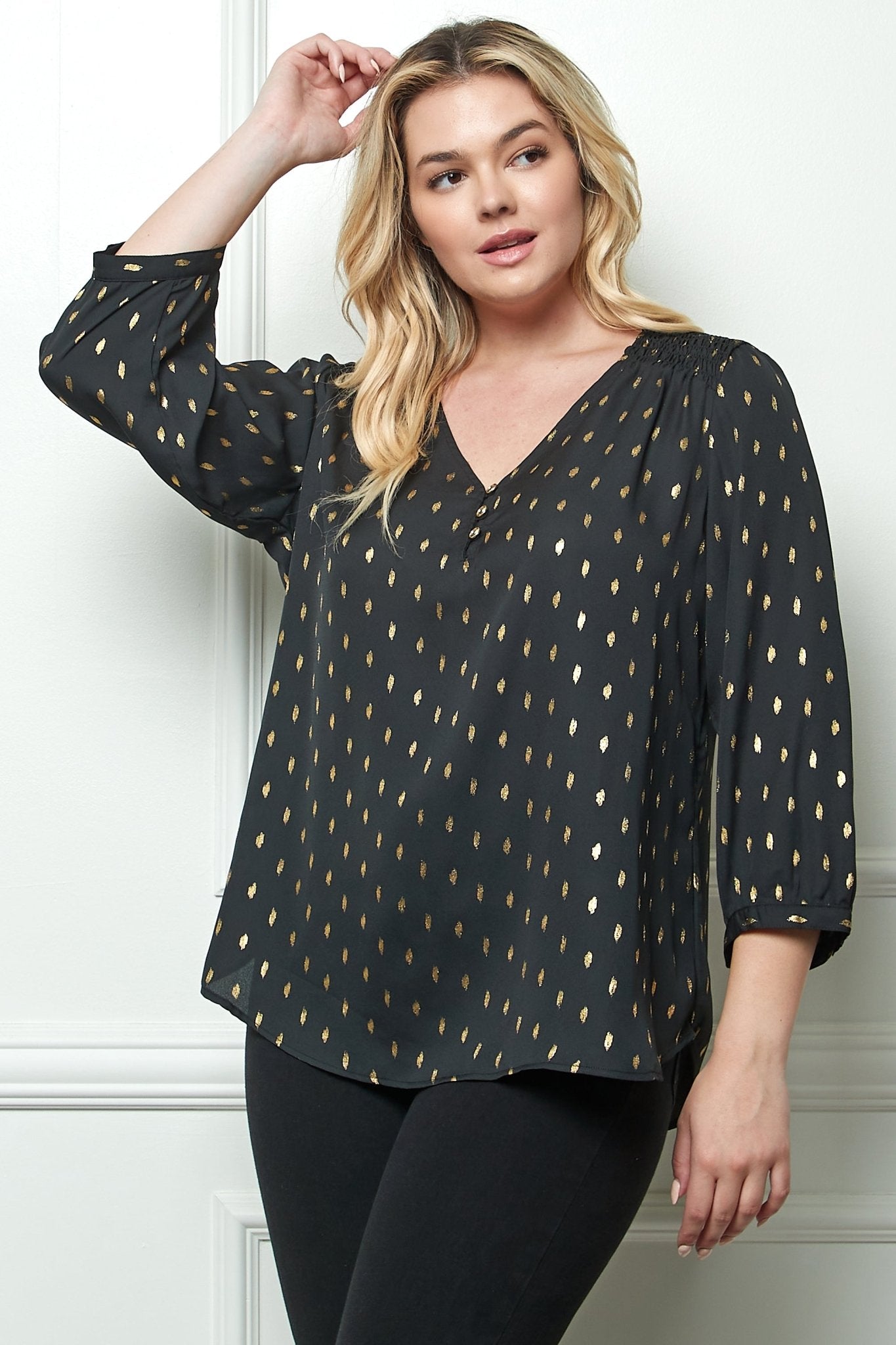 Black 3/4 Button Cuff Sleeve V Neck Popover - Plus - DressbarnShirts & Blouses