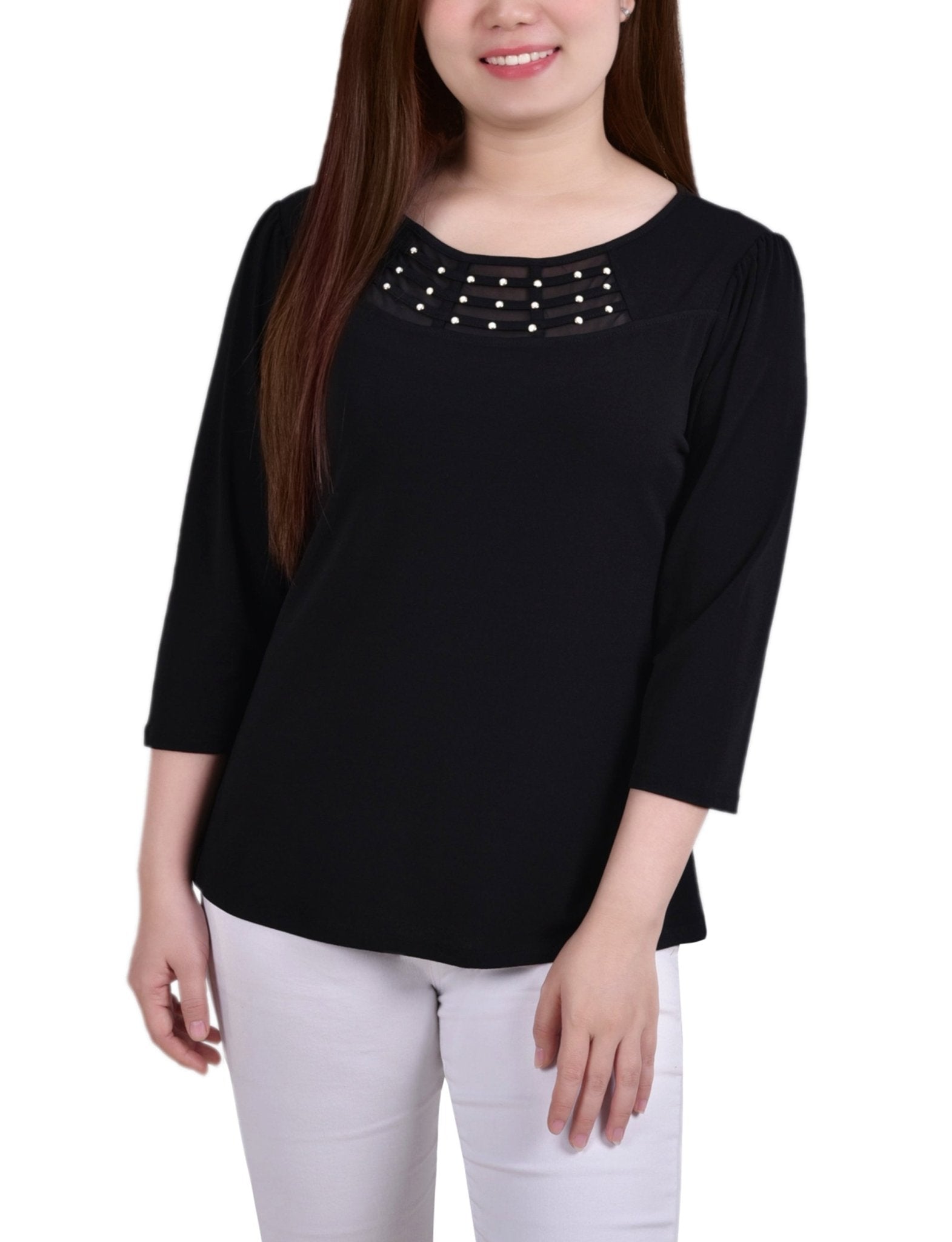 Black 3/4 Crepe Top With Mesh Inset and Studs - Petite - DressbarnBlouses