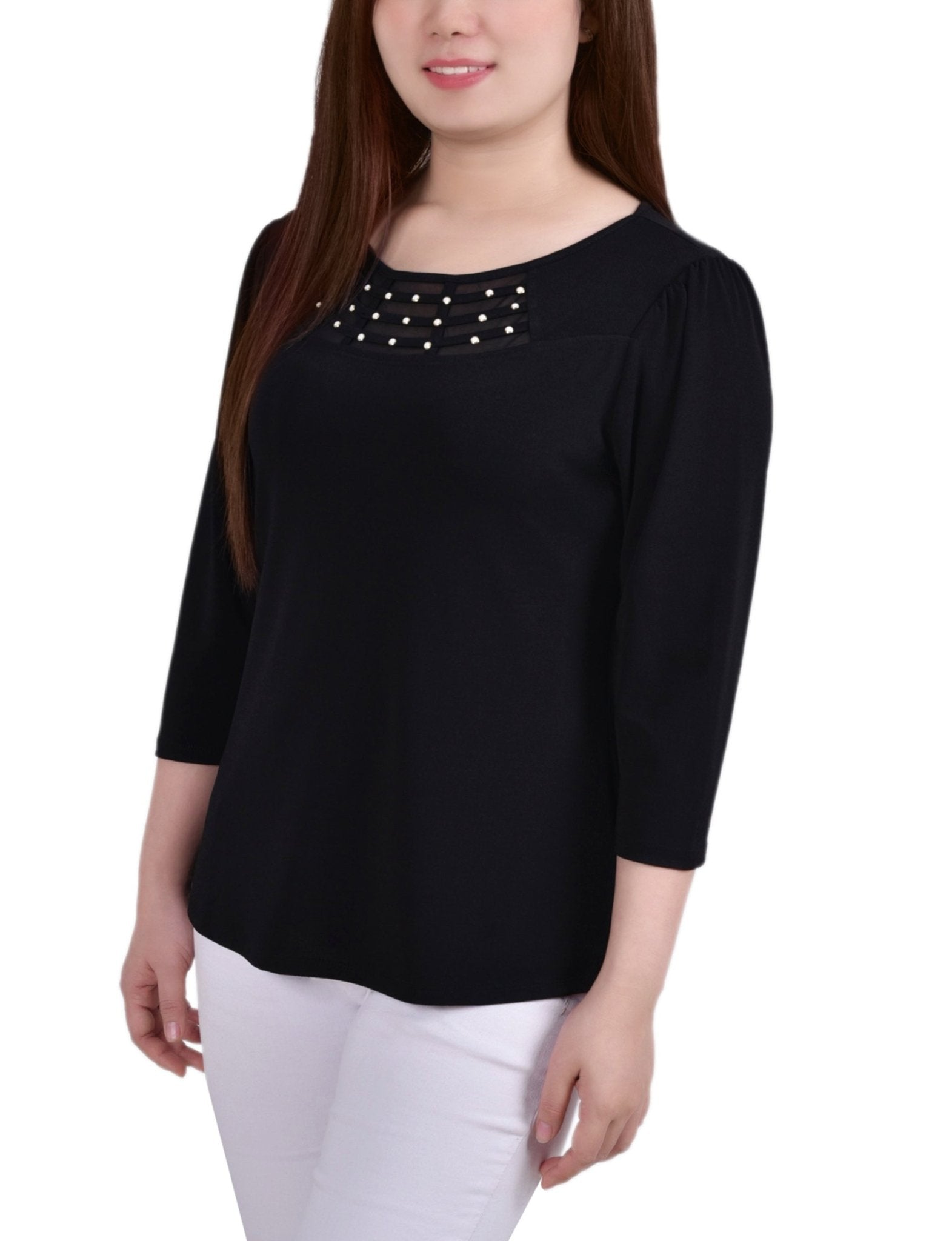Black 3/4 Crepe Top With Mesh Inset and Studs - Petite - DressbarnBlouses