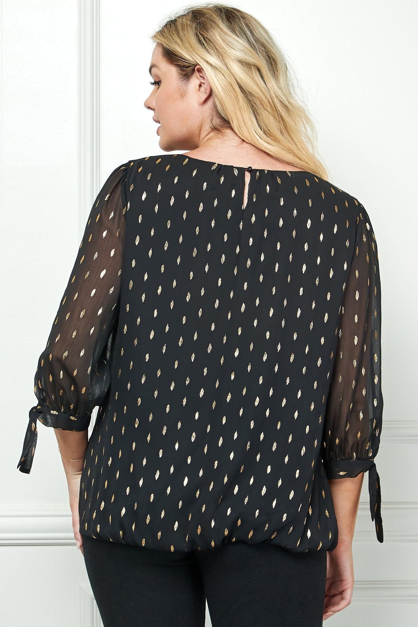 Black 3/4 Tie Sleeve Bubble Blouse - Plus - DressbarnShirts & Blouses