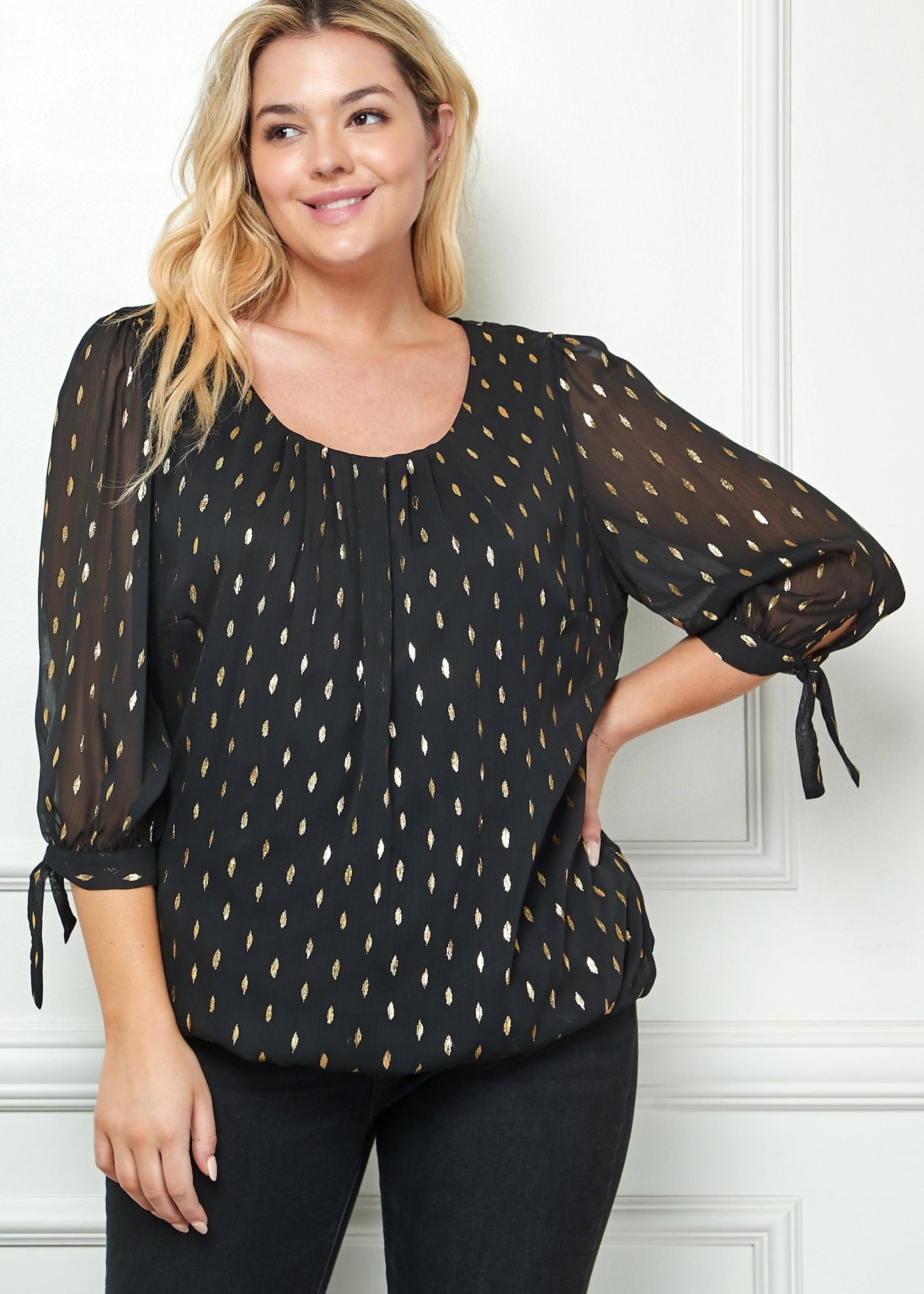 Black 3/4 Tie Sleeve Bubble Blouse - Plus - DressbarnShirts & Blouses