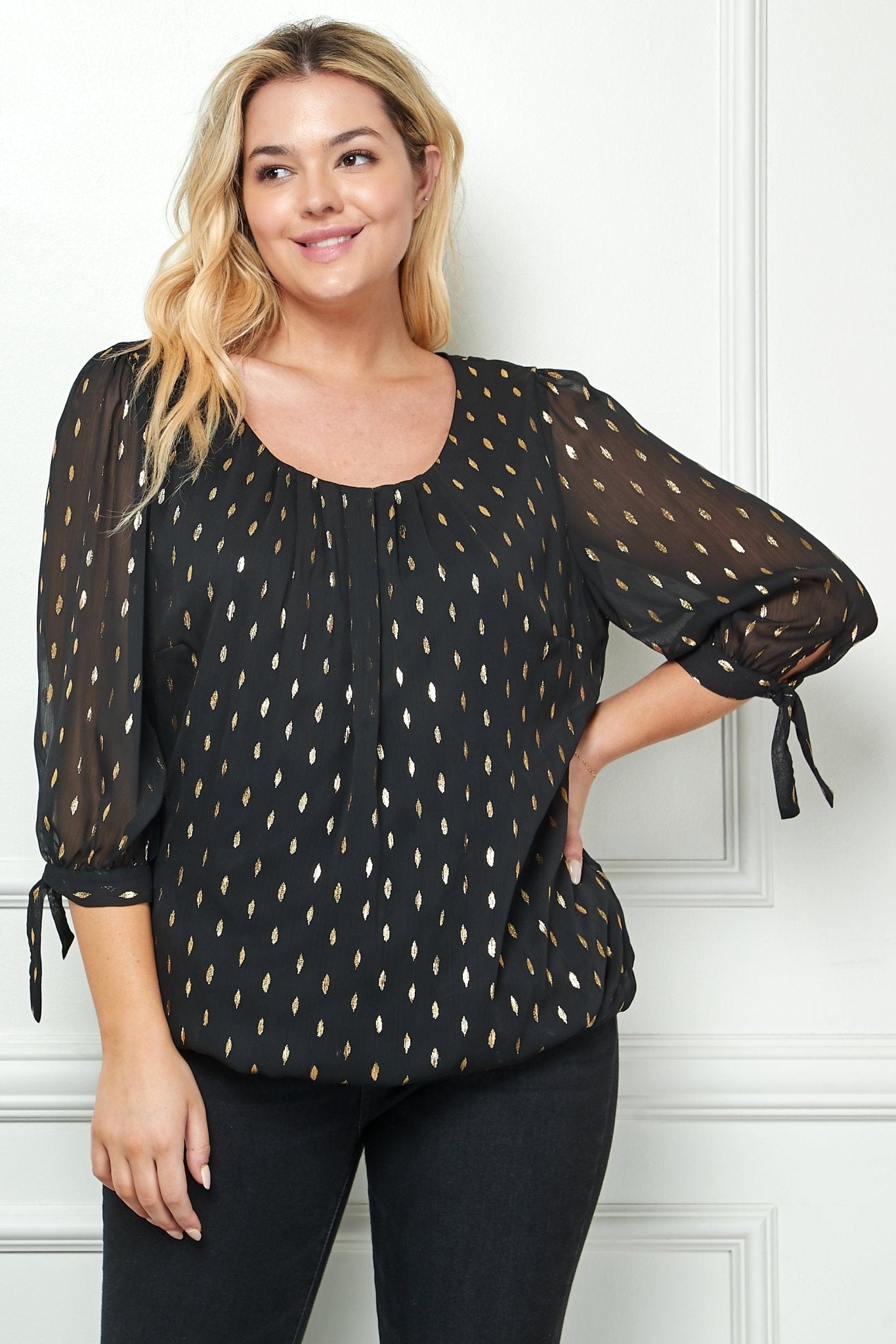 Black 3/4 Tie Sleeve Bubble Blouse - Plus - DressbarnShirts & Blouses