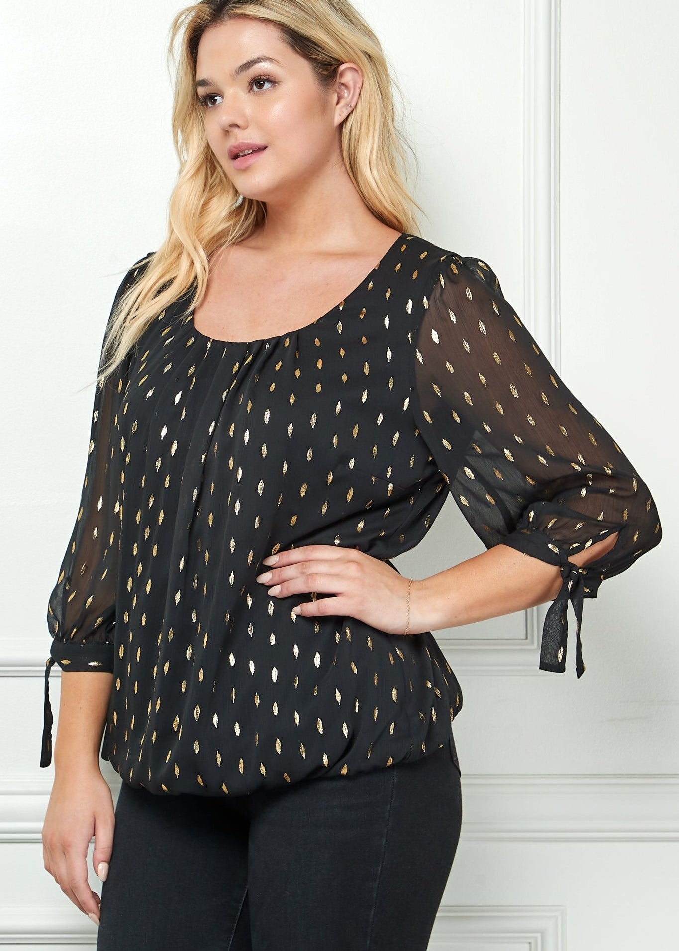 Black 3/4 Tie Sleeve Bubble Blouse - Plus - DressbarnShirts & Blouses