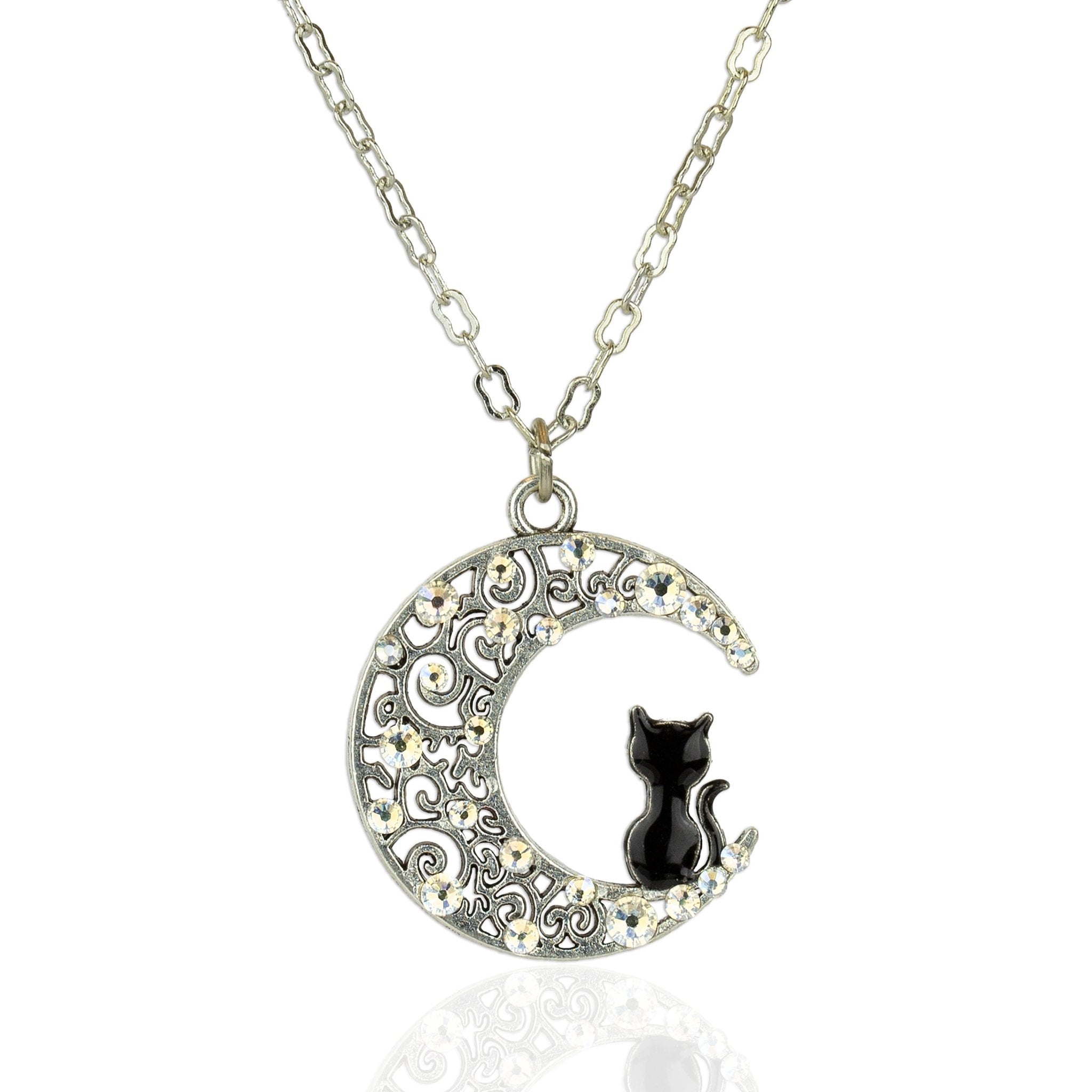 Black Cat on Filigree Crescent Moon Pendant Necklace - DressbarnNecklaces