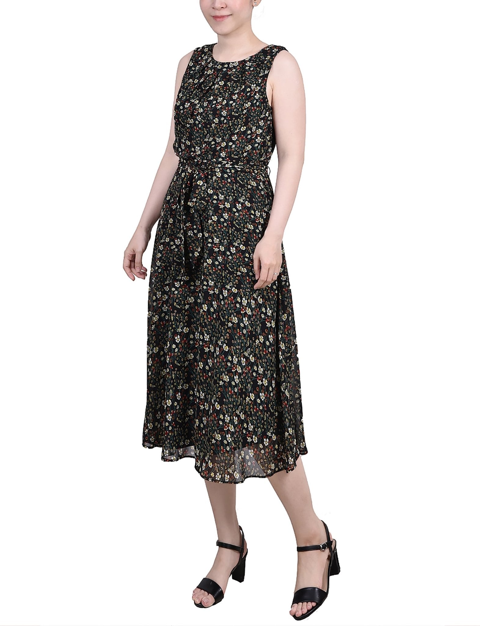 Black Ditsy Floral Sleeveless Chiffon Belted Dress - Petite - DressbarnKnee Length & Midi Dresses