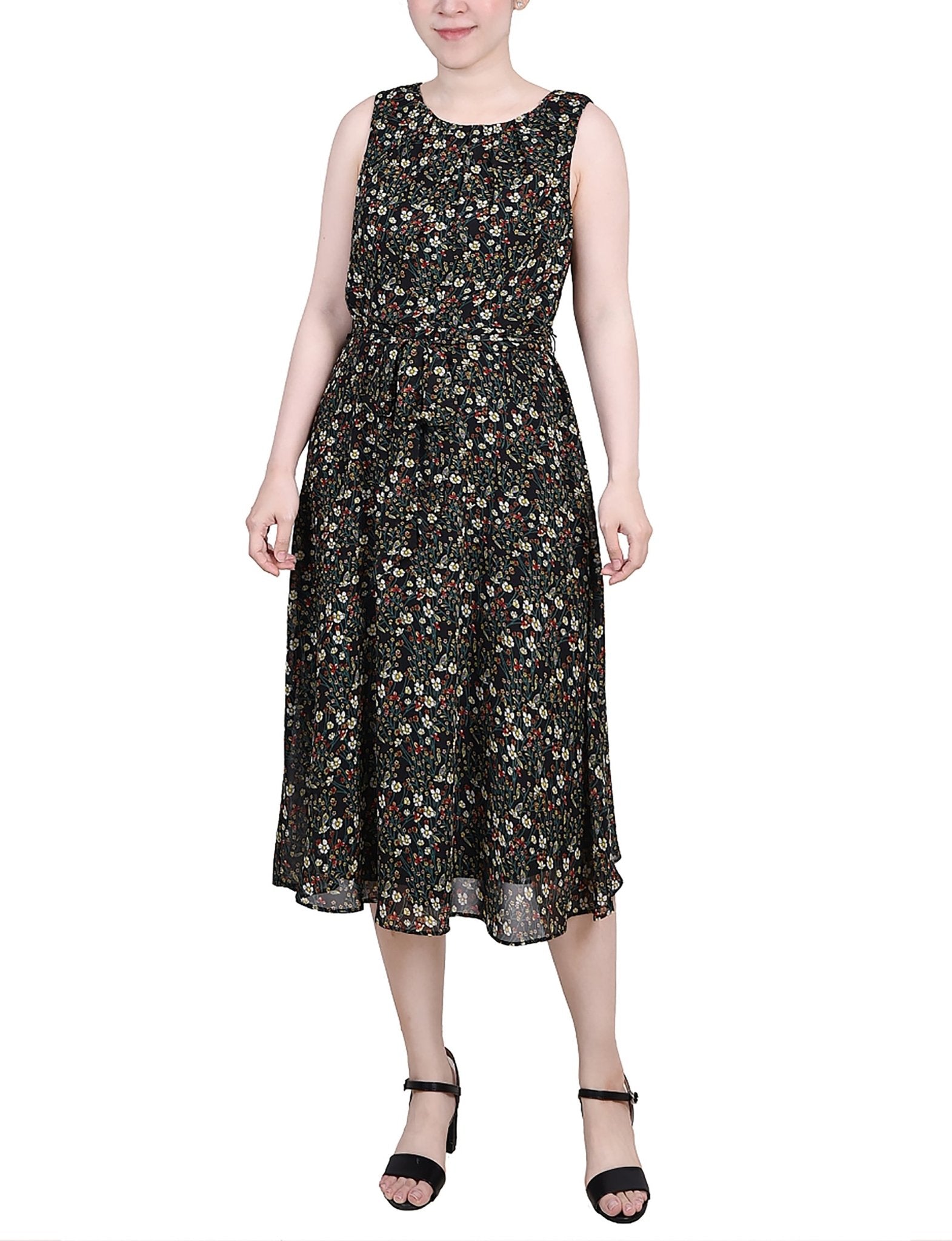 Black Ditsy Floral Sleeveless Chiffon Belted Dress - Petite - DressbarnKnee Length & Midi Dresses