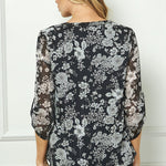 Black & Gray Floral 3/4 Sleeve Popover - DressbarnShirts & Blouses