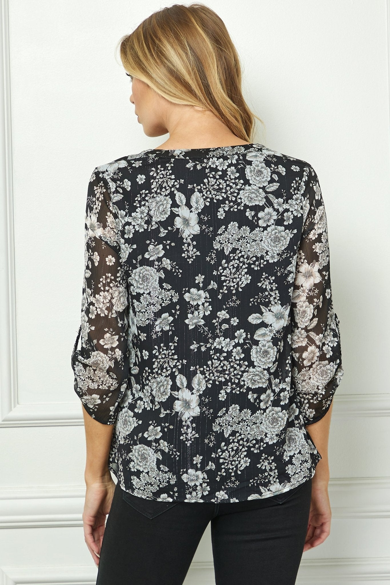 Black & Gray Floral 3/4 Sleeve Popover - DressbarnShirts & Blouses