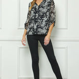 Black & Gray Floral 3/4 Sleeve Popover - DressbarnShirts & Blouses