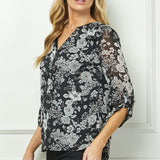 Black & Gray Floral 3/4 Sleeve Popover - DressbarnShirts & Blouses