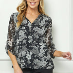 Black & Gray Floral 3/4 Sleeve Popover - DressbarnShirts & Blouses