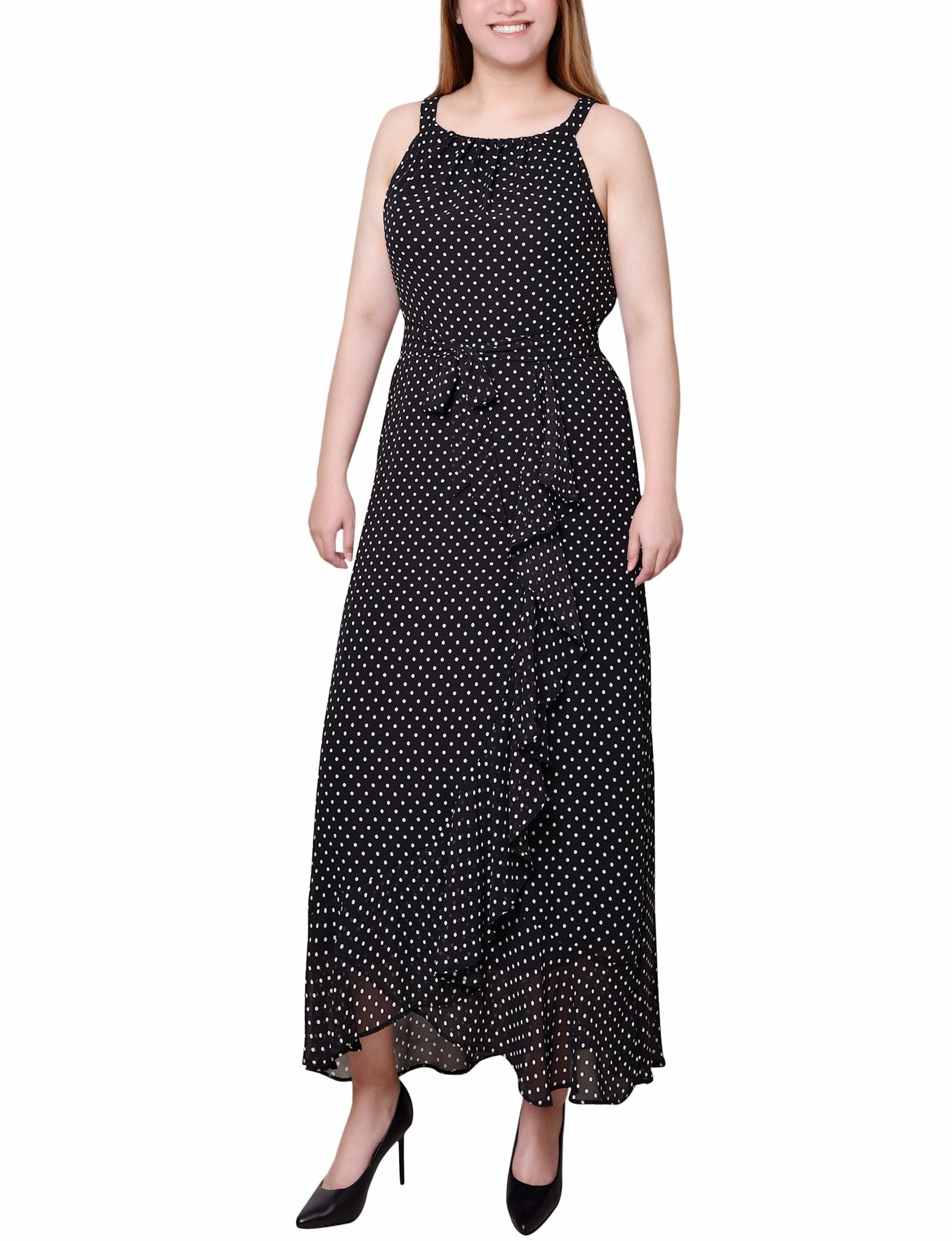 Black Ivory Dot Halter Front Chiffon Maxi Dress - Petite - DressbarnMaxi Dresses